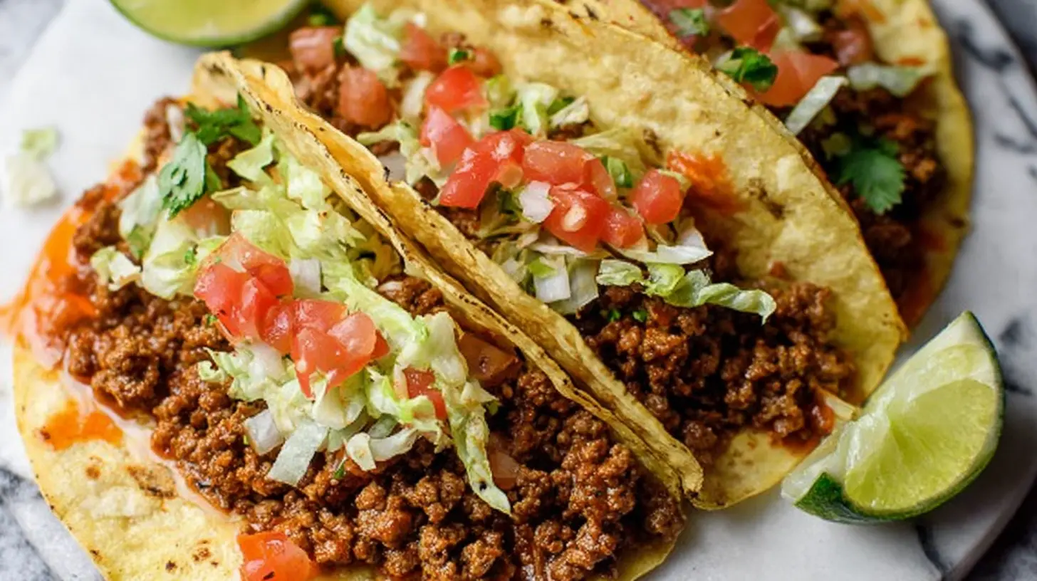 A plate of quick ground beef tacos with fresh toppings.