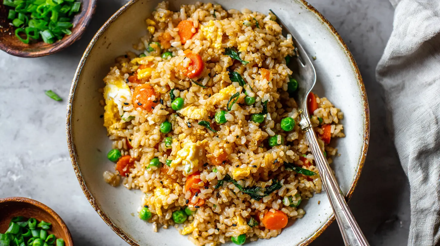A plate featuring a quick and healthy rice dinner, garnished with herbs
