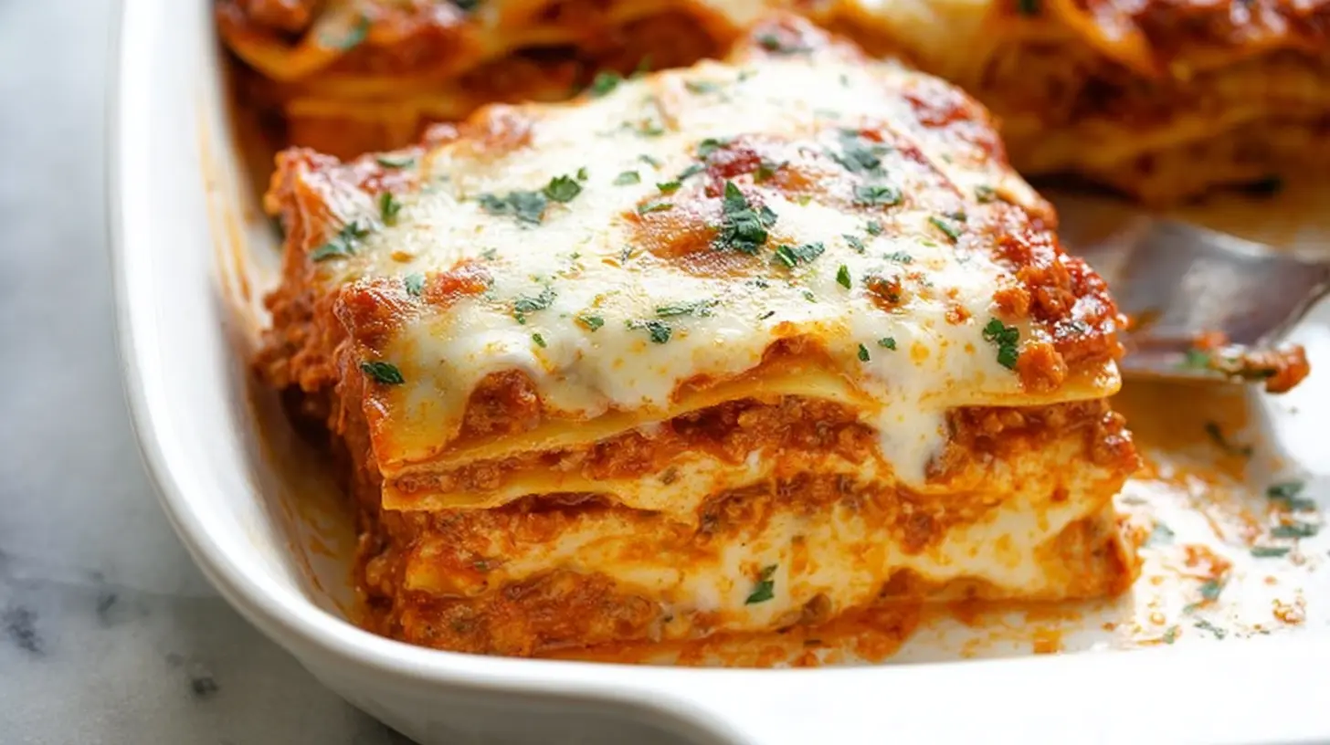 A delicious and quick lasagna recipe presented in a ceramic pan.