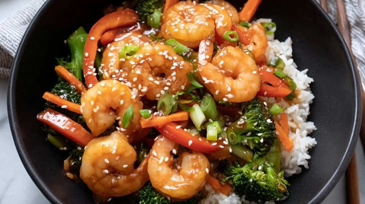 Close-up of a skillet filled with speedy shrimp stir-fry for dinner.