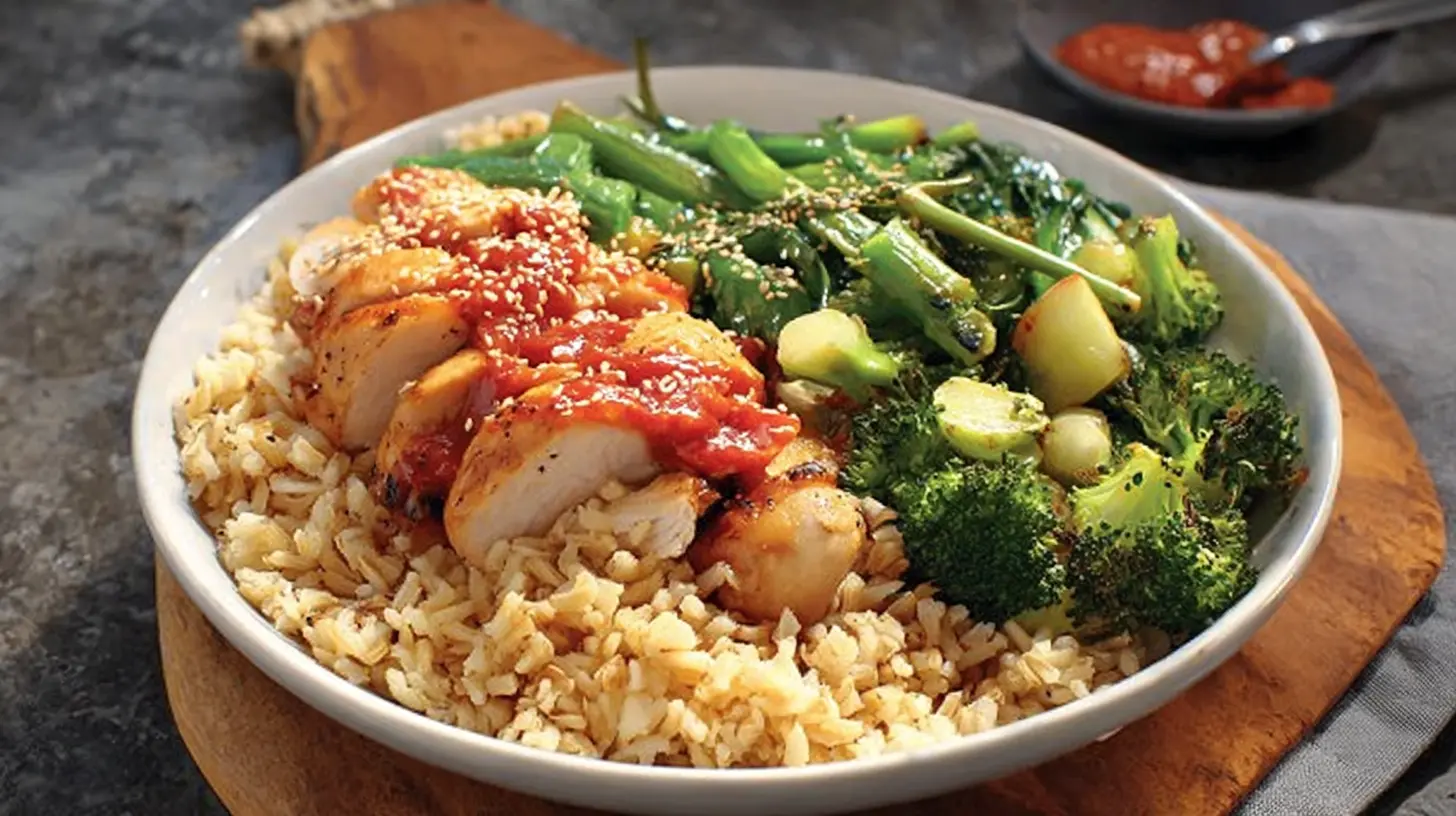 Delicious healthy dinner recipe with fluffy rice and colorful roasted veggies.