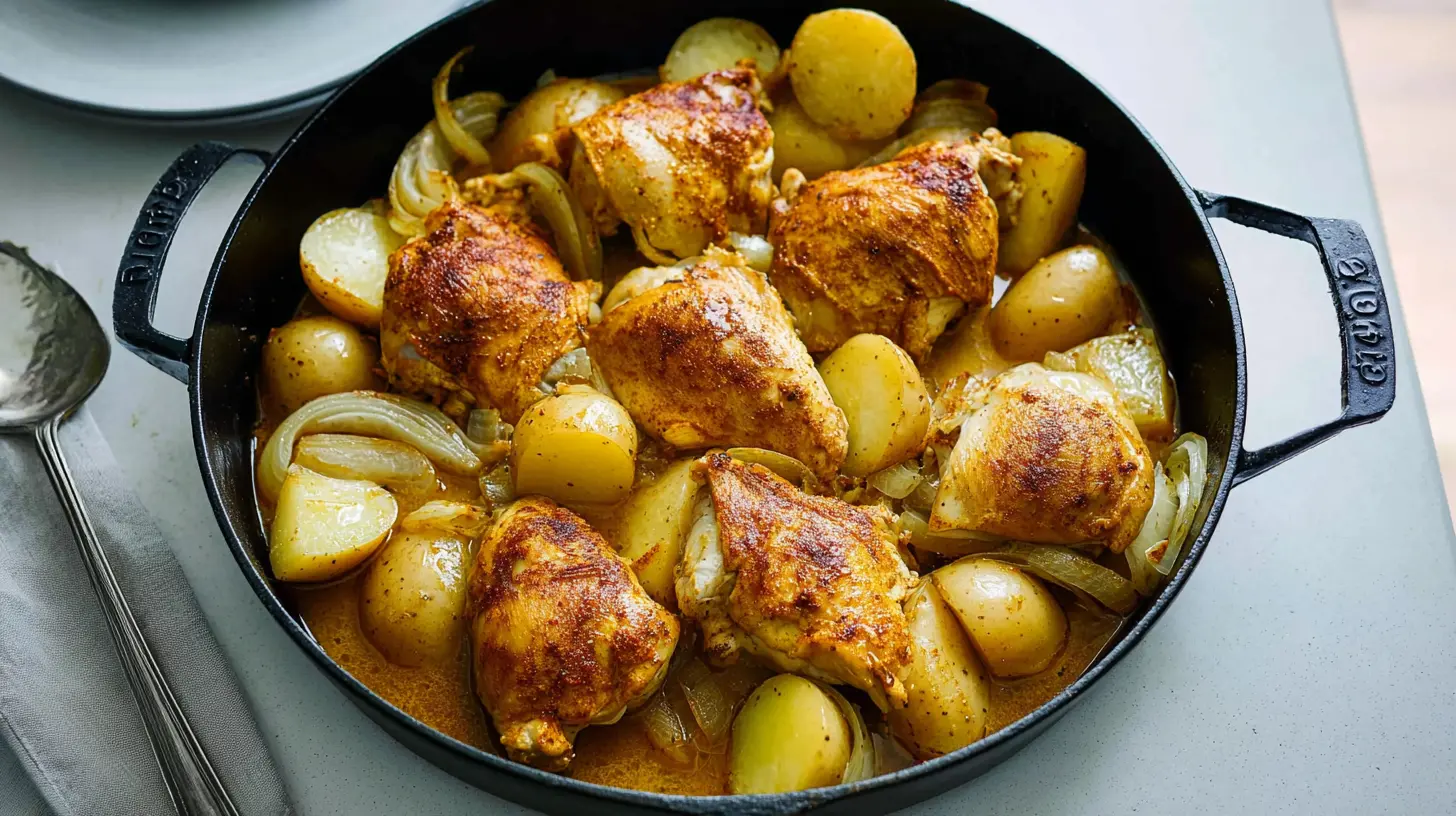 A deliciously baked One-Pan Chicken and Potatoes dish straight from the oven