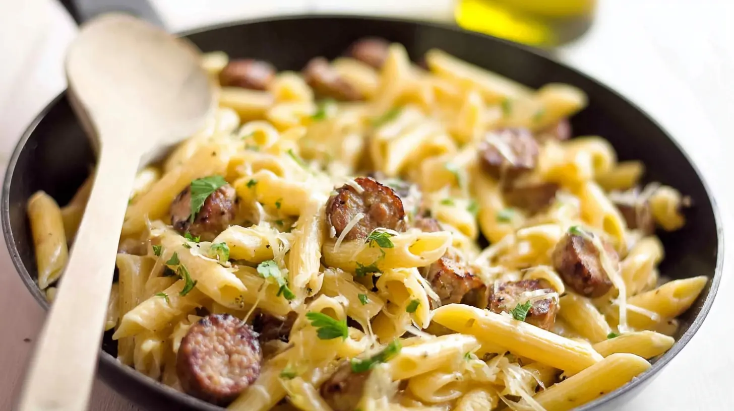 A delicious sausage and pasta skillet dinner cooked in a single pan.