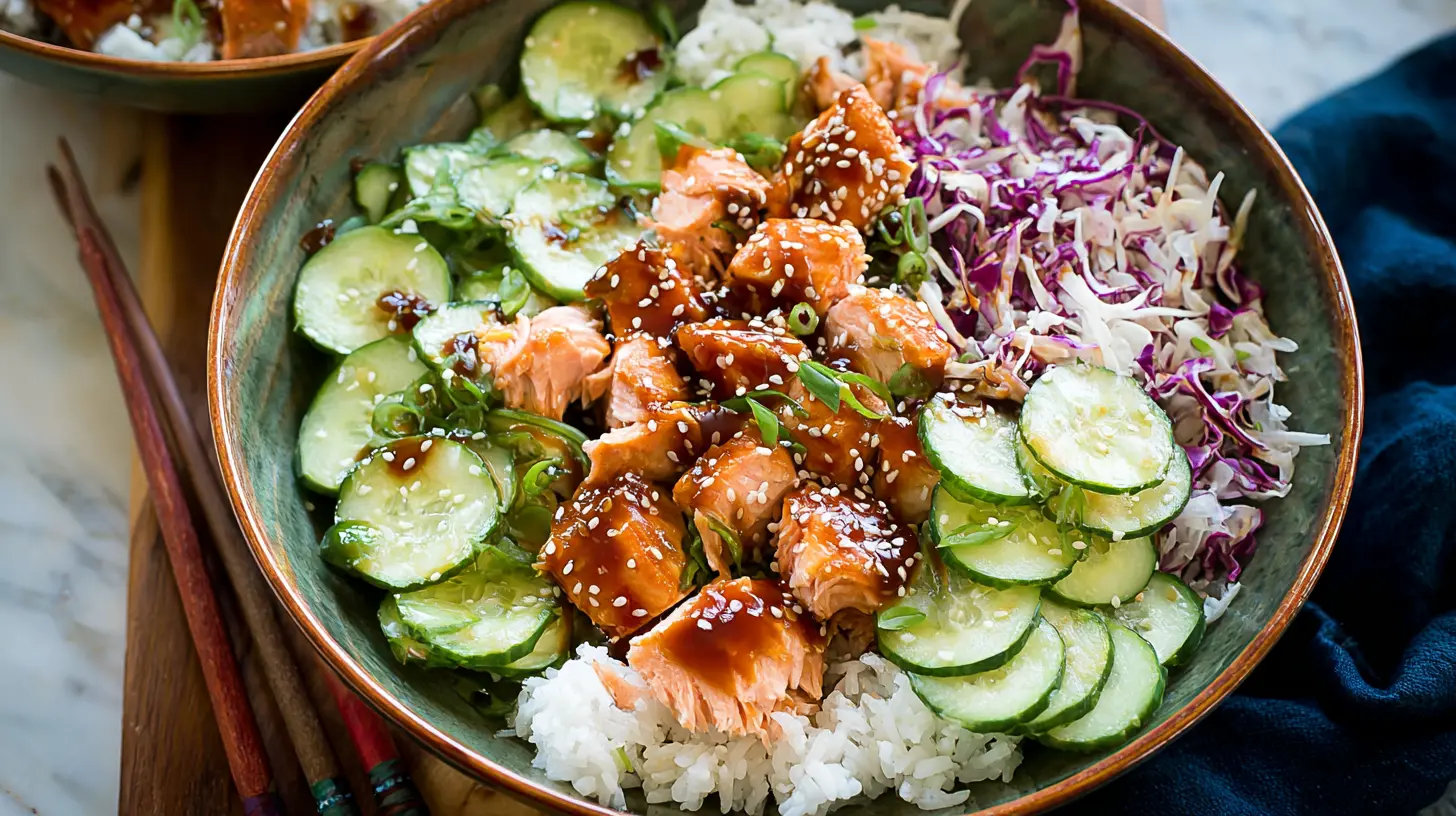 A Sesame Ginger Salmon Bowl with wild rice, sliced cucumbers, and a quick sauce.
