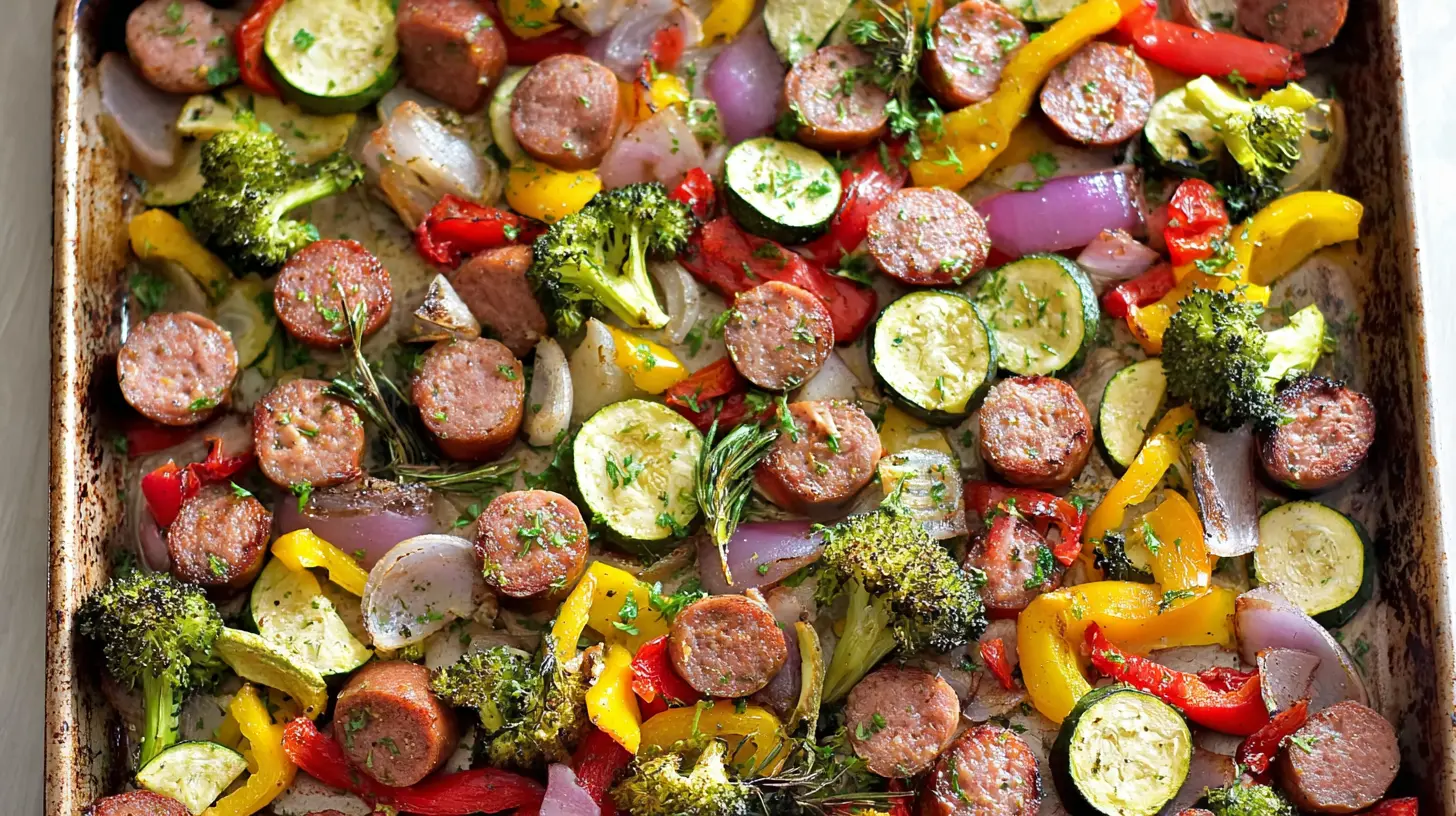 A colorful sheet pan dinner with roasted sausage and a variety of vegetables