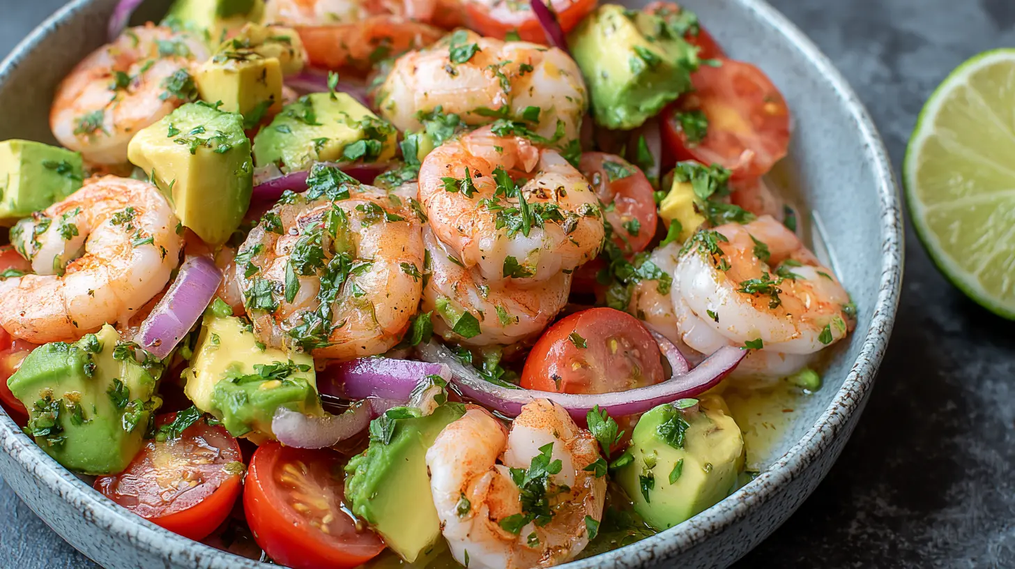 A vibrant shrimp avocado salad bowl with bright lime wedges