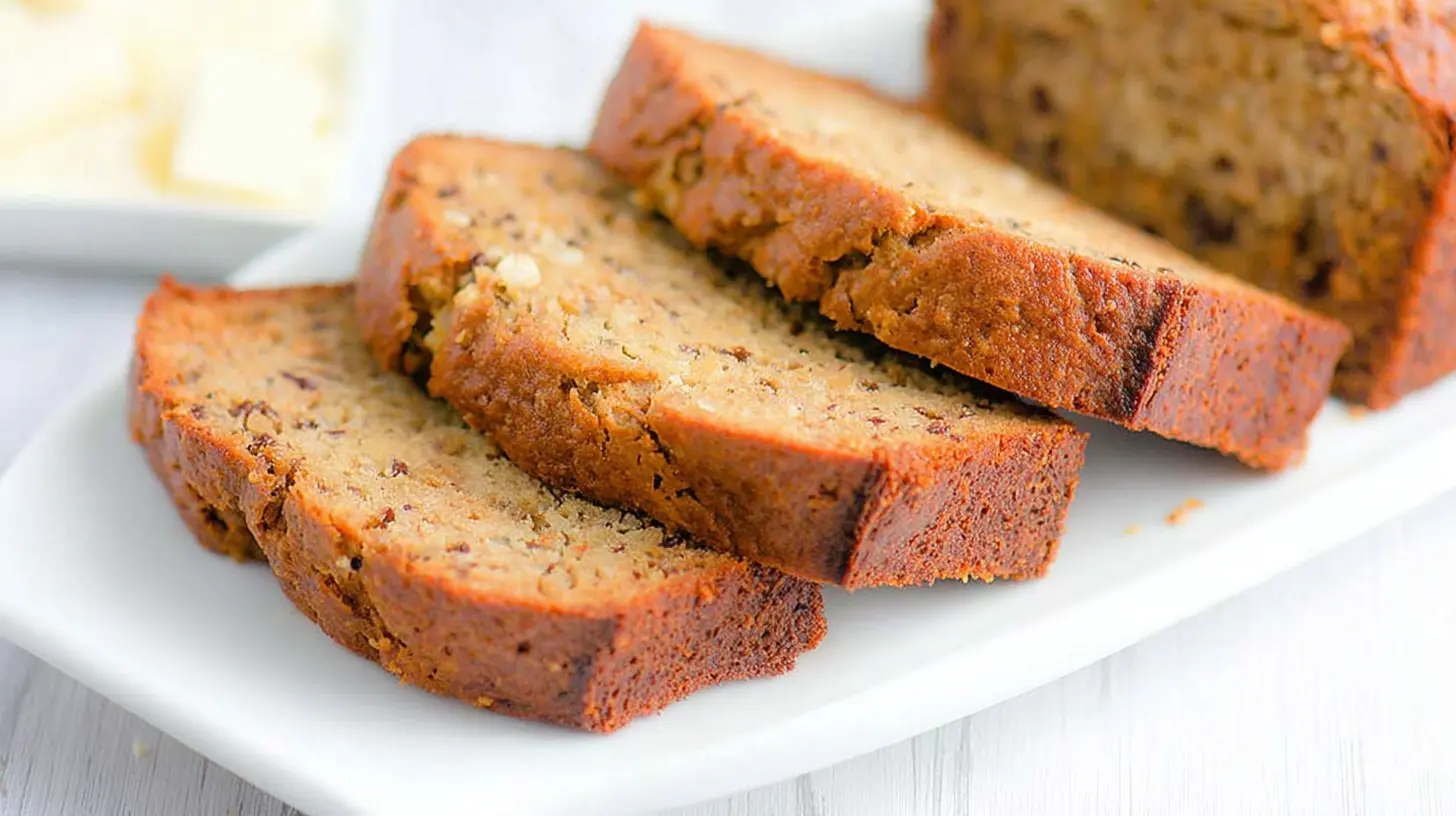 Delicious homemade easy banana bread on a cutting board, ready to serve.