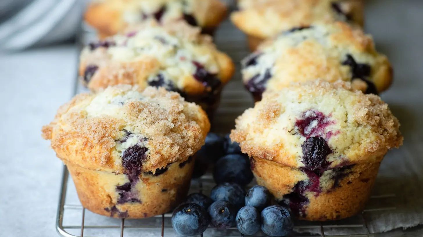 A batch of freshly baked simple blueberry muffins, golden brown and bursting with blueberries.