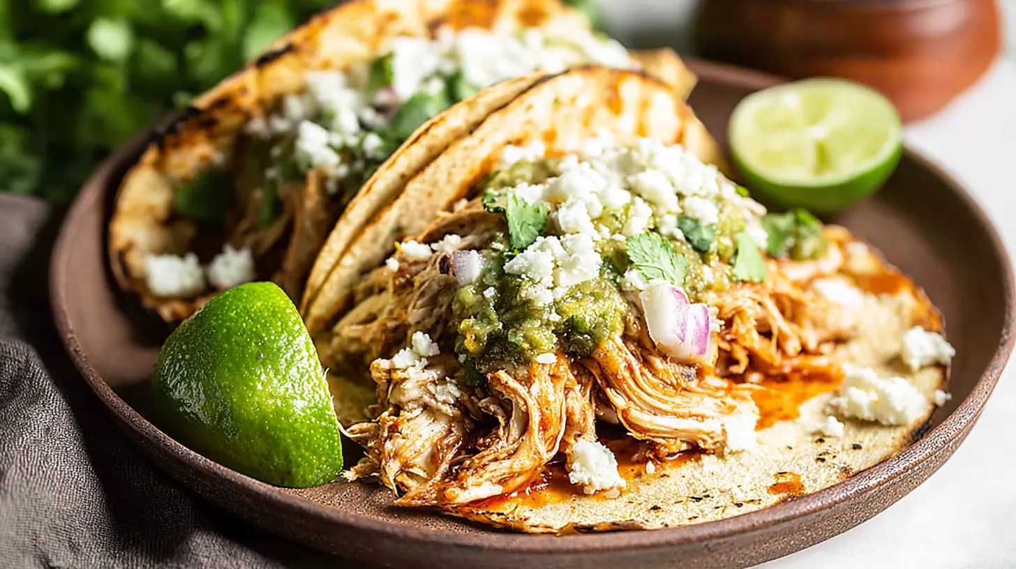 A slow cooker pot filled with tender chicken for quick tacos