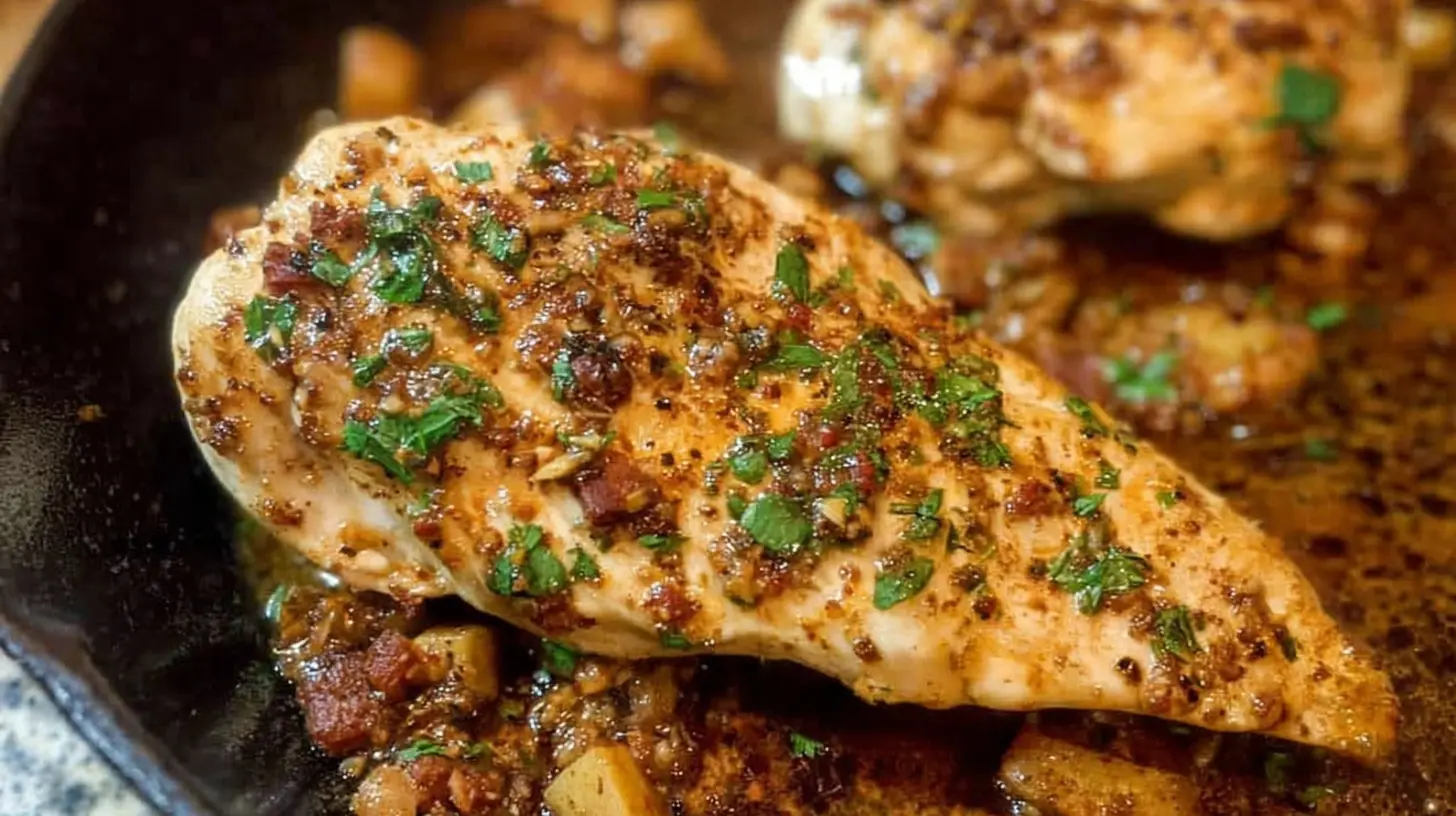 A simple garlic butter chicken recipe on a cutting board with herbs