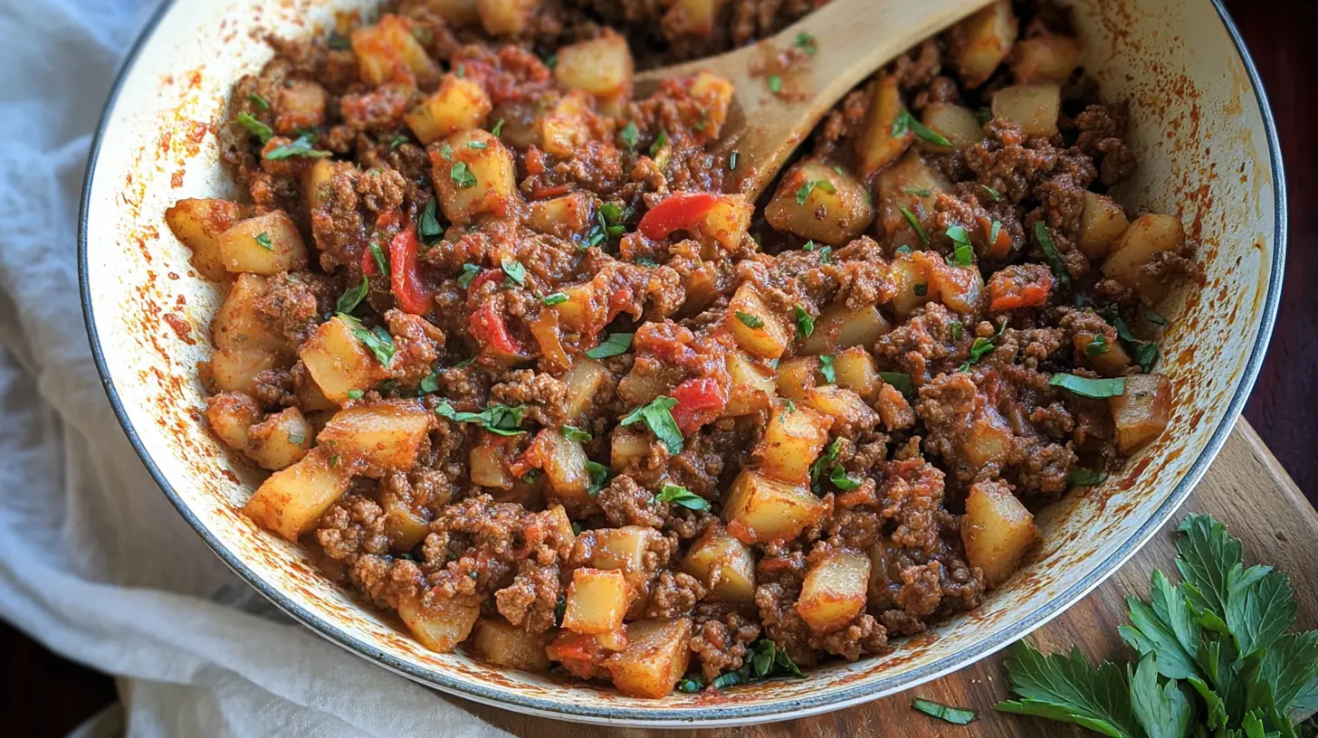 A steaming bowl of simple ground beef comfort meal, ready to eat.