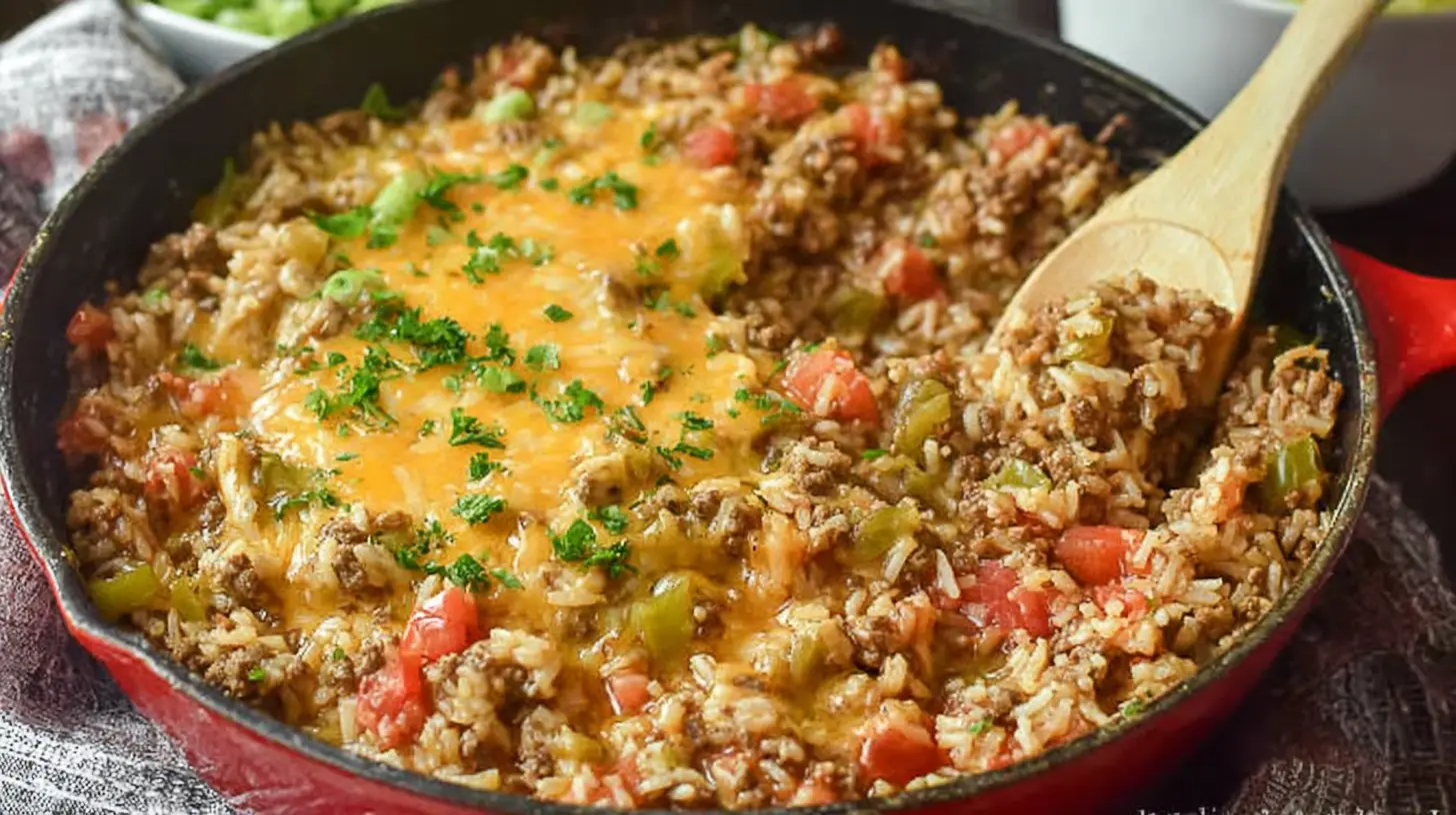 Close-up of a bubbling Easy Ground Beef and Rice Skillet in a pan
