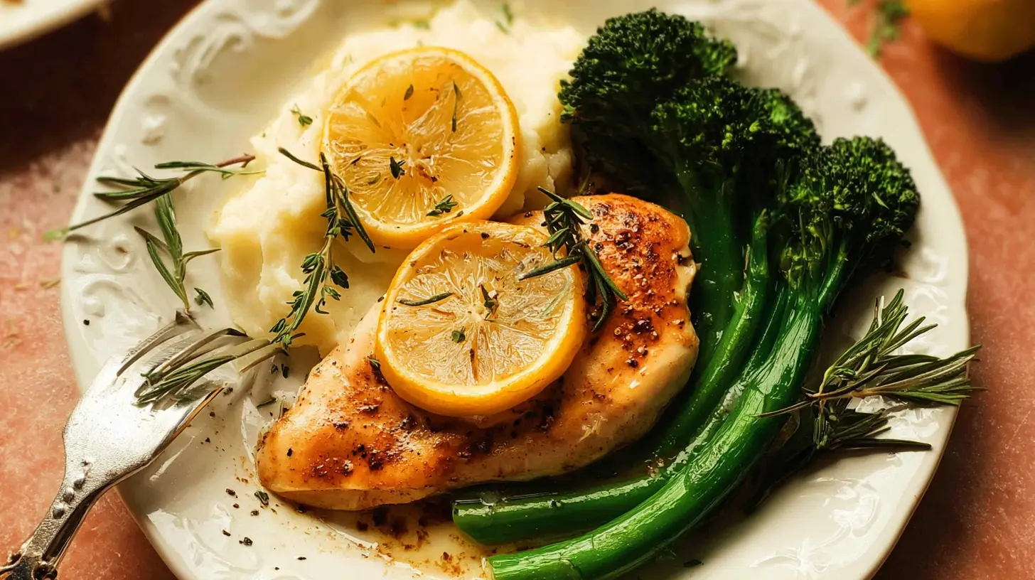 A prepared simple lemon chicken dinner with roasted vegetables