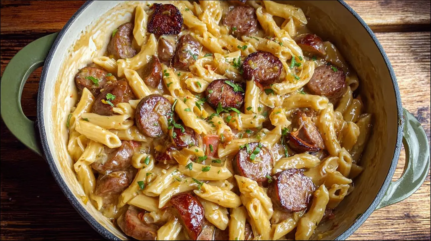 A bowl of simple sausage pasta dinner with a rich tomato sauce