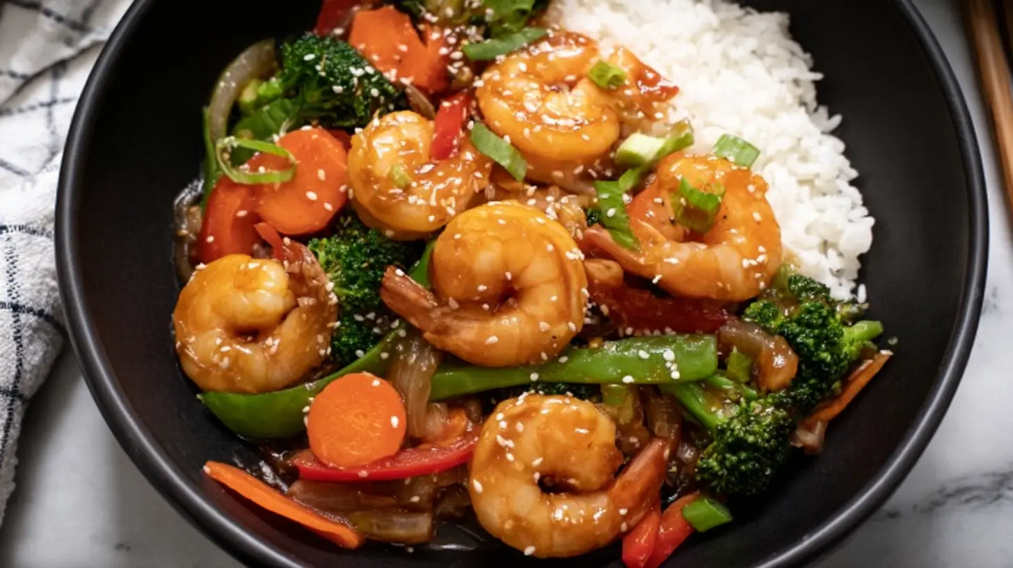 A vibrant simple shrimp stir-fry dinner with mixed vegetables and noodles.