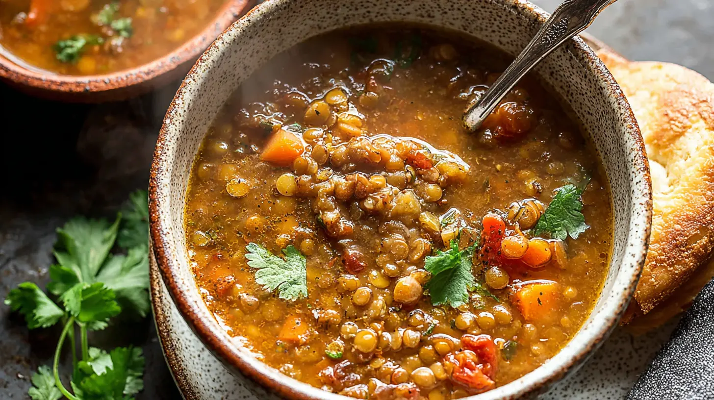 Delicious slow-cooked lentil soup made in a Crockpot, steaming hot