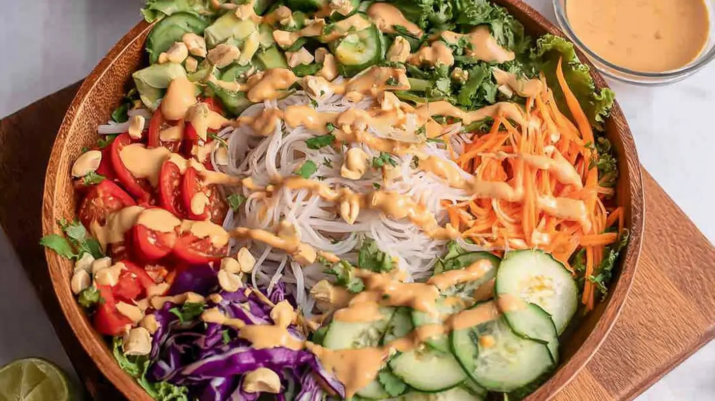 A vibrant spring roll salad featuring crunchy vegetables and creamy peanut dressing.