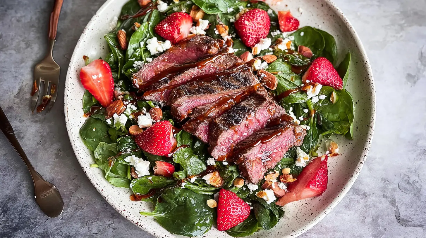 Grilled steak and fresh strawberry spinach salad with balsamic dressing