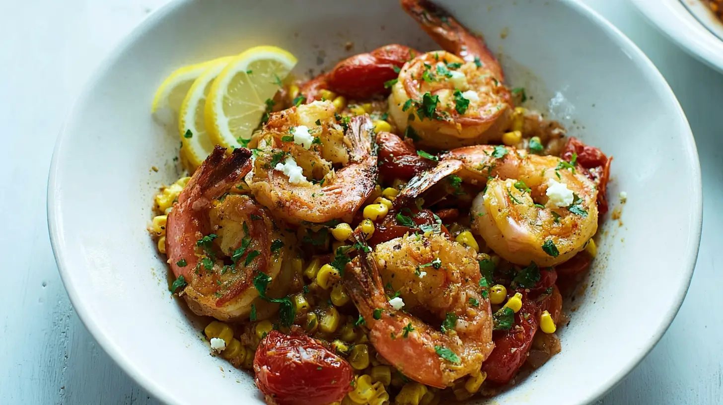 A vibrant summer shrimp skillet dinner with fresh vegetables.
