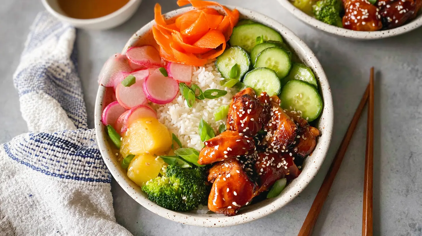 A vibrant teriyaki chicken salad bowl with fresh greens and grilled chicken