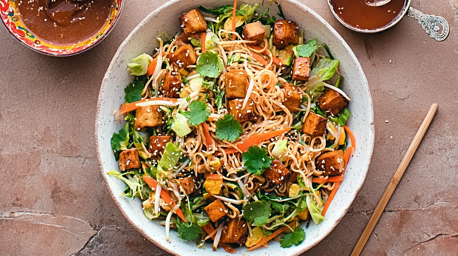 A refreshing tofu veggie noodle salad with sesame dressing, perfect for dinner.