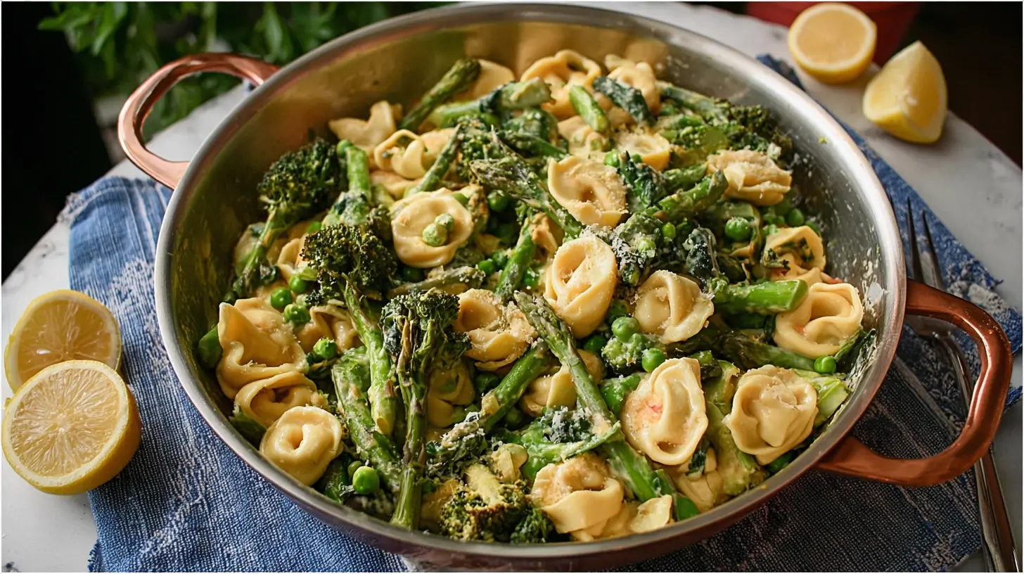 A colorful bowl of Tortellini Primavera, brimming with fresh spring vegetables.