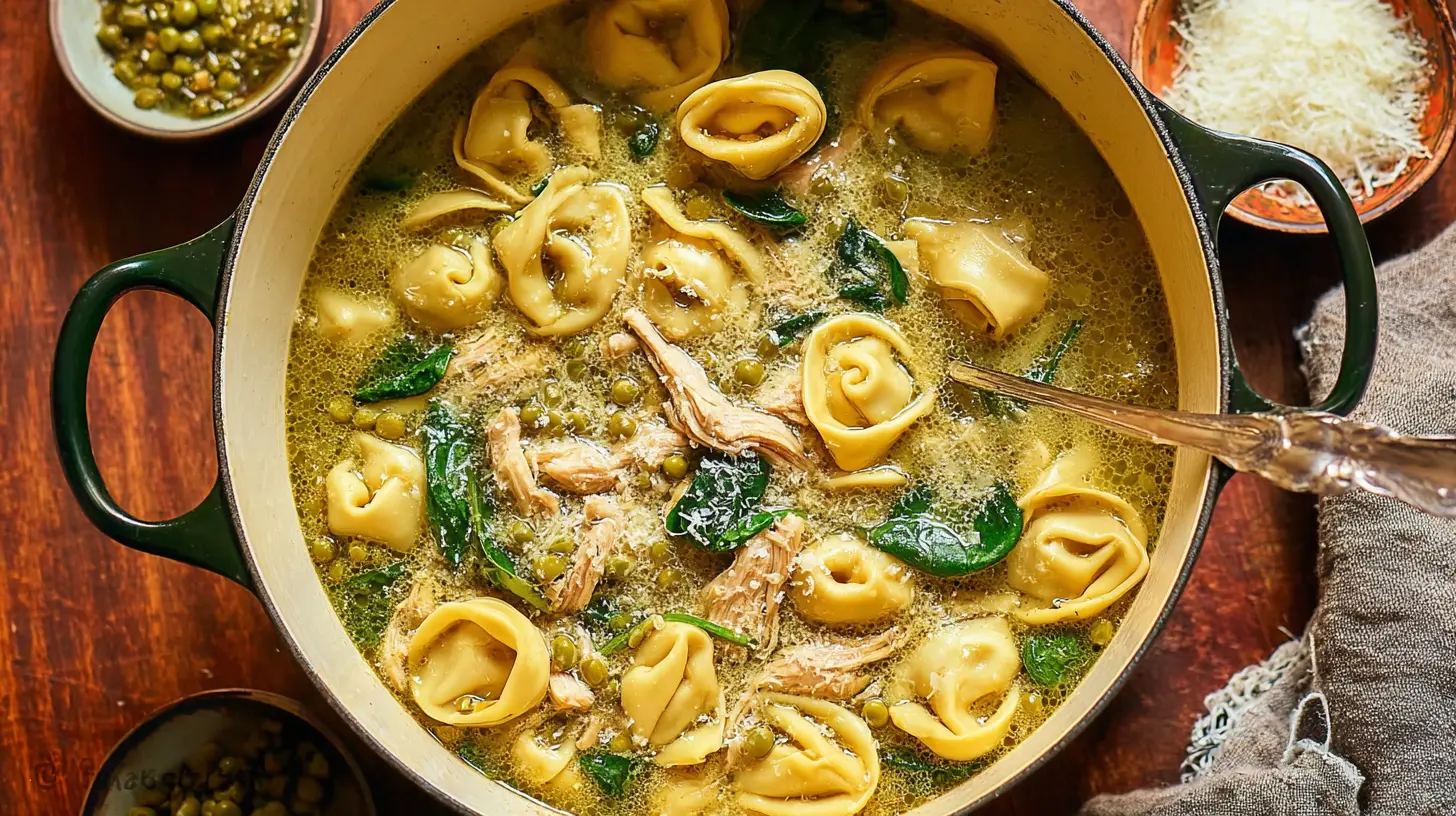 A cozy bowl of Tortellini Soup with fresh spinach and broth.