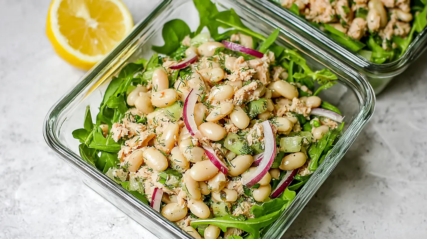 A bowl of tuna white bean salad, ready to eat