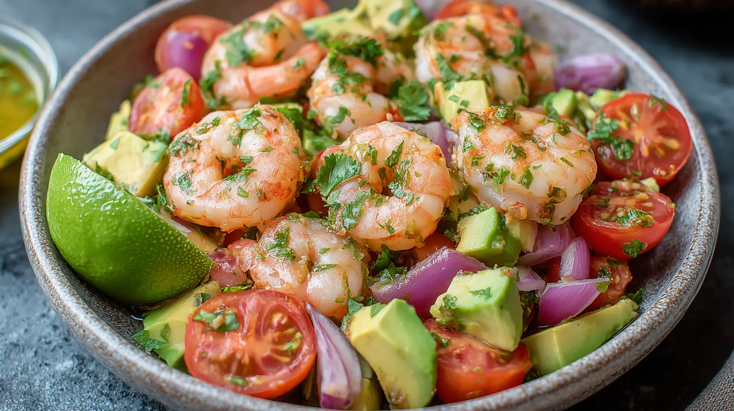 Healthy shrimp avocado bowl featuring fresh ingredients and a zesty dressing