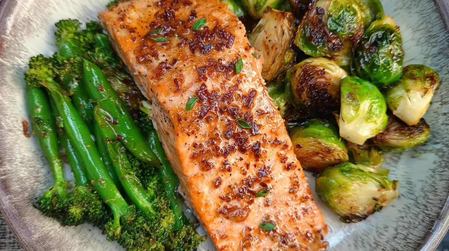 A plated 20-minute easy salmon dinner, perfectly cooked with a crispy skin.