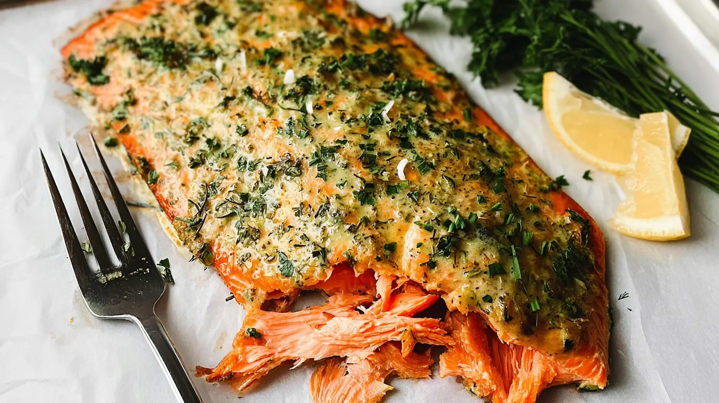 Close-up of a tender and juicy baked salmon with visible flakiness.