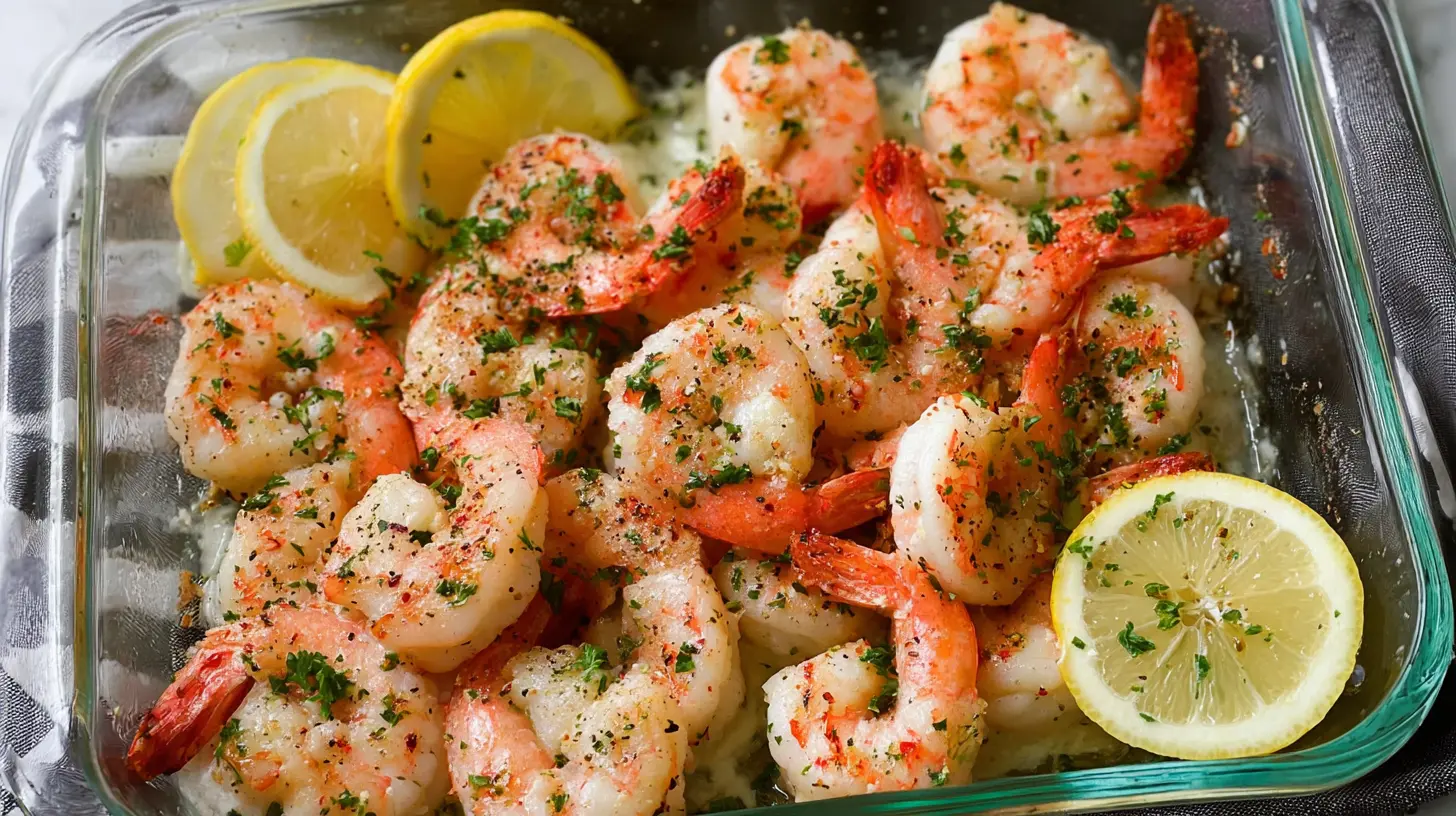 A delicious baked shrimp dinner served in a skillet.