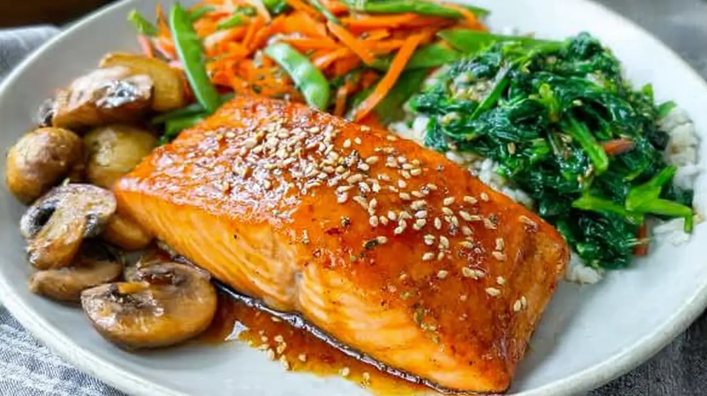 A well-arranged balanced salmon dinner plate with vegetables and grains.
