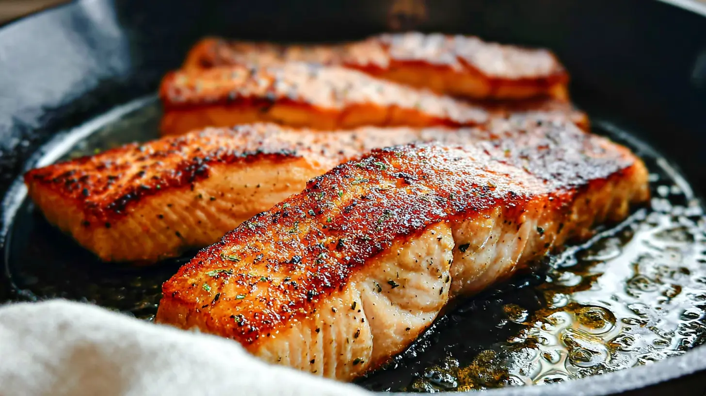 Cast iron pan seared salmon with crispy skin and flaky texture.
