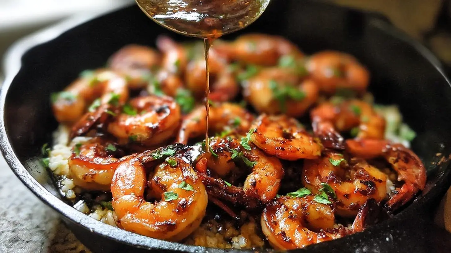 A vibrant Cast Iron Shrimp Skillet filled with perfectly cooked shrimp and spices.