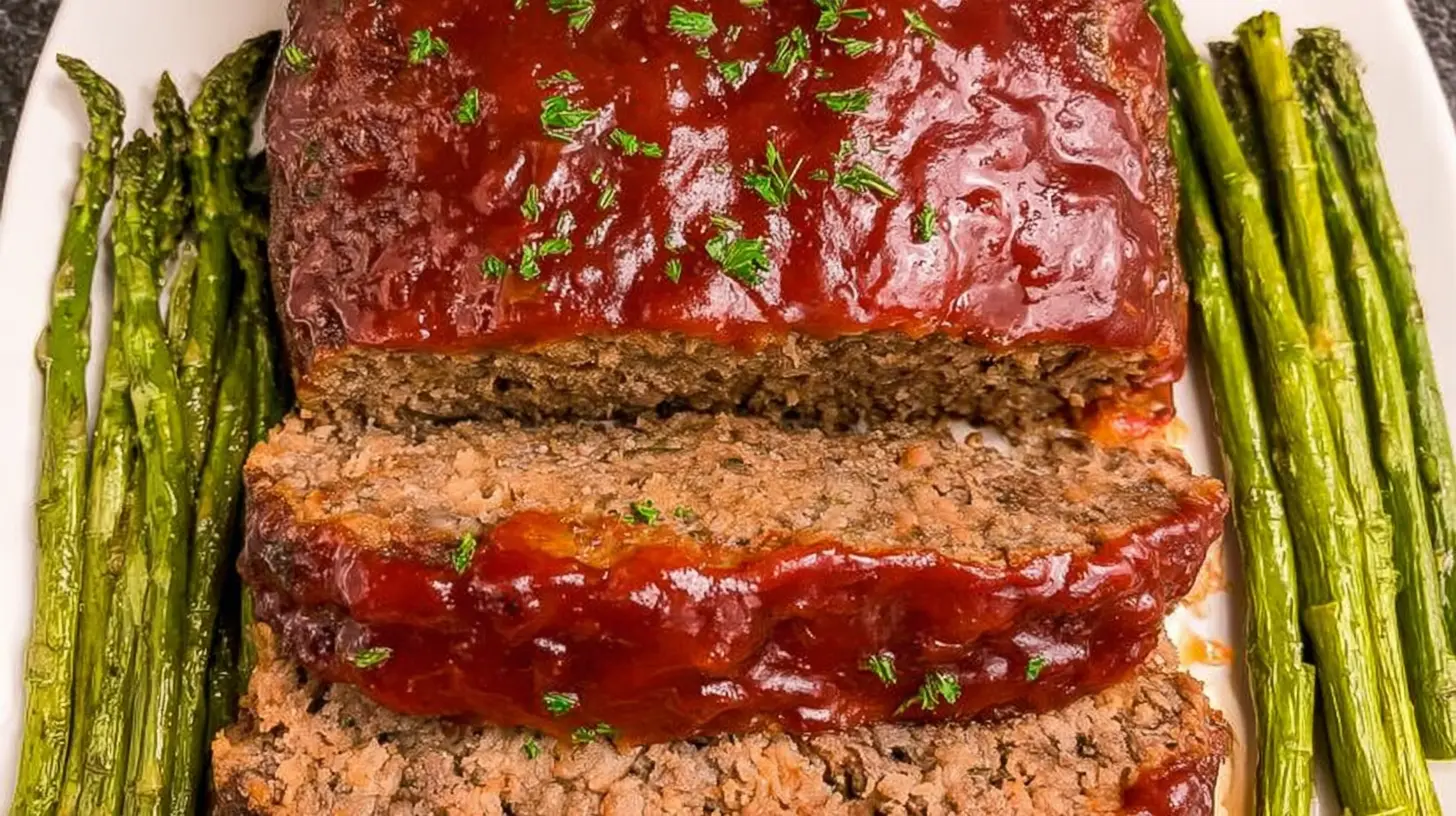 A freshly baked old-school classic meatloaf, perfectly browned and sliced.