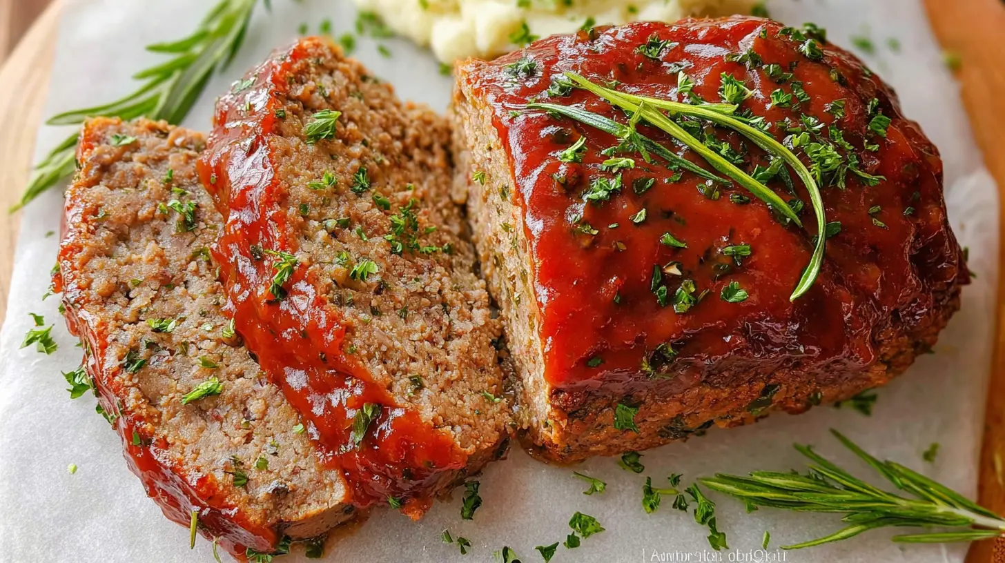 A steaming classic meatloaf dinner served on a plate with sides.