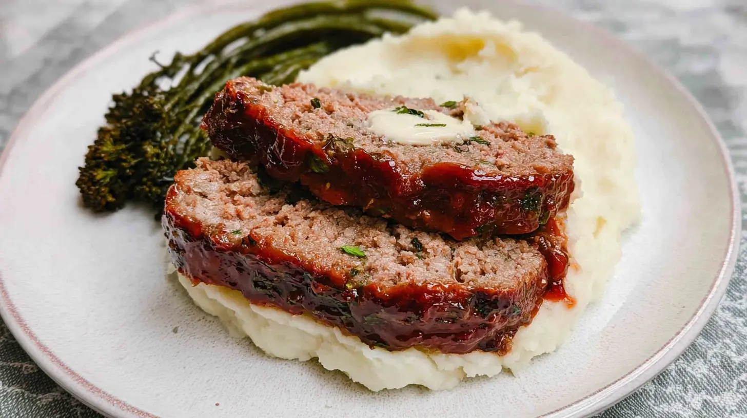 A serving of classic meatloaf with a generous side of mashed potatoes on a white plate.