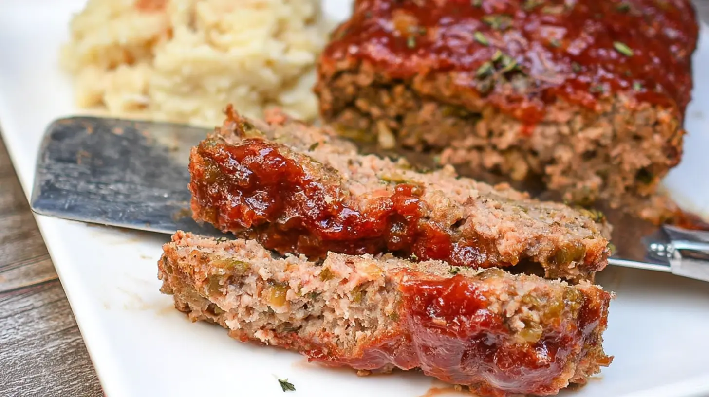 Classic retro meatloaf dinner displayed on a vintage plate on a dining table