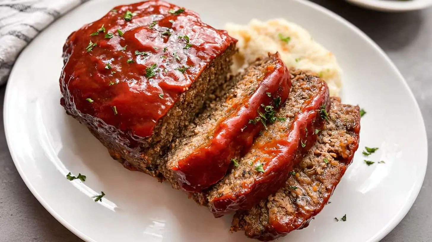 A serving of classic meatloaf on a white plate with gravy