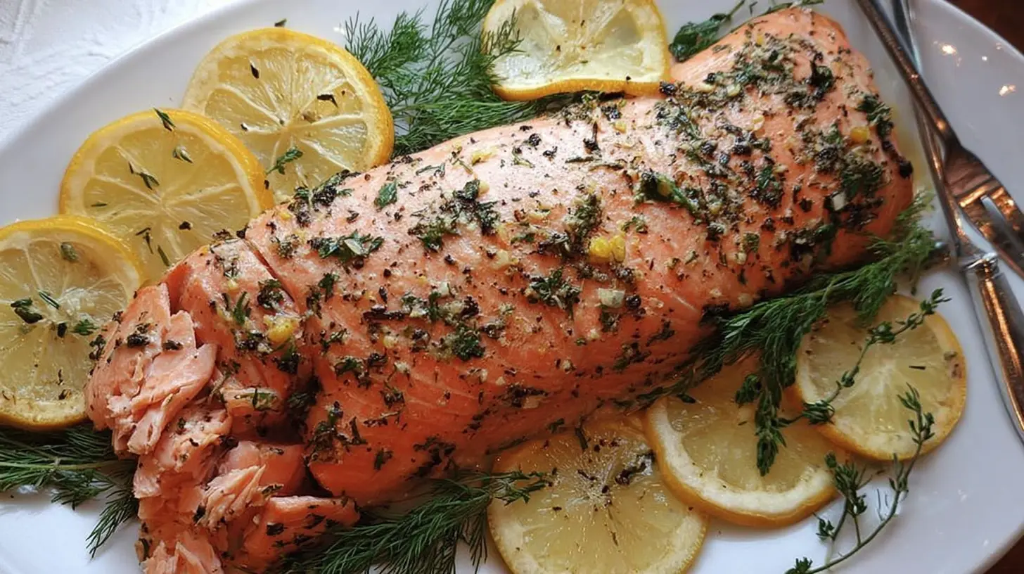 A classic oven baked salmon dinner presented on a plate with vegetables.