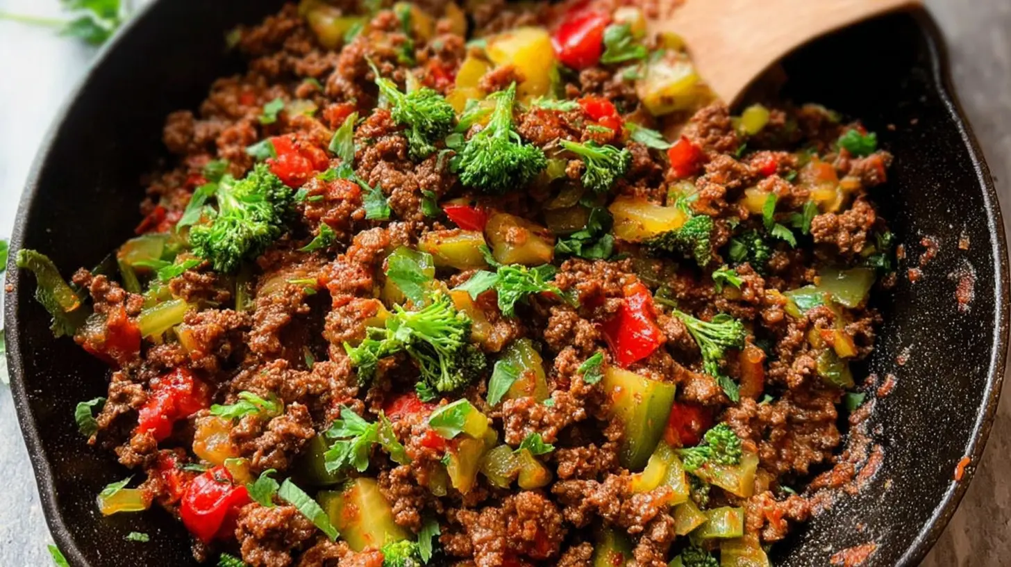 A colorful clean eating ground beef skillet with vegetables on a white plate.