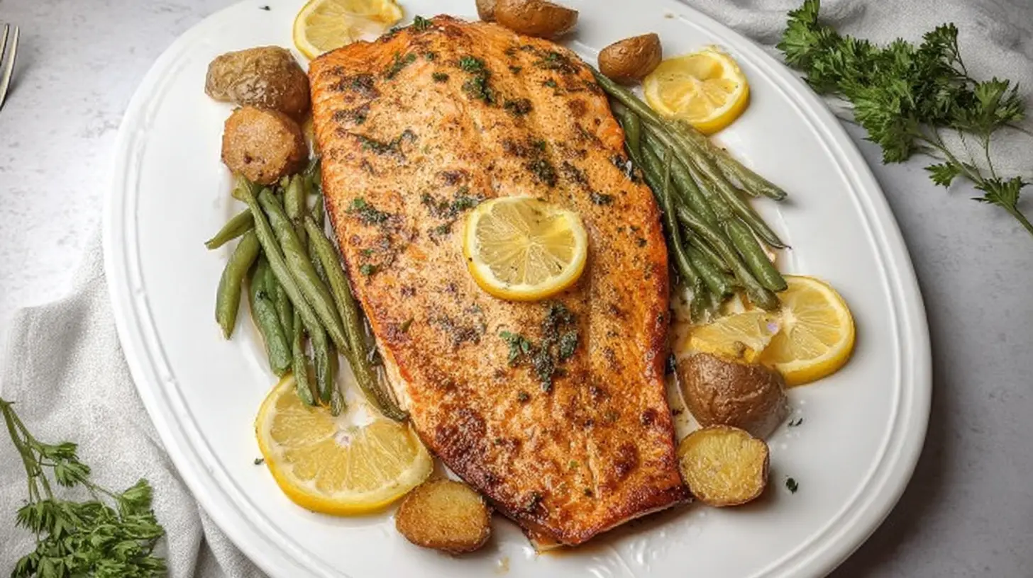 A clean eating lemon salmon fillet, perfectly baked and garnished with fresh herbs.