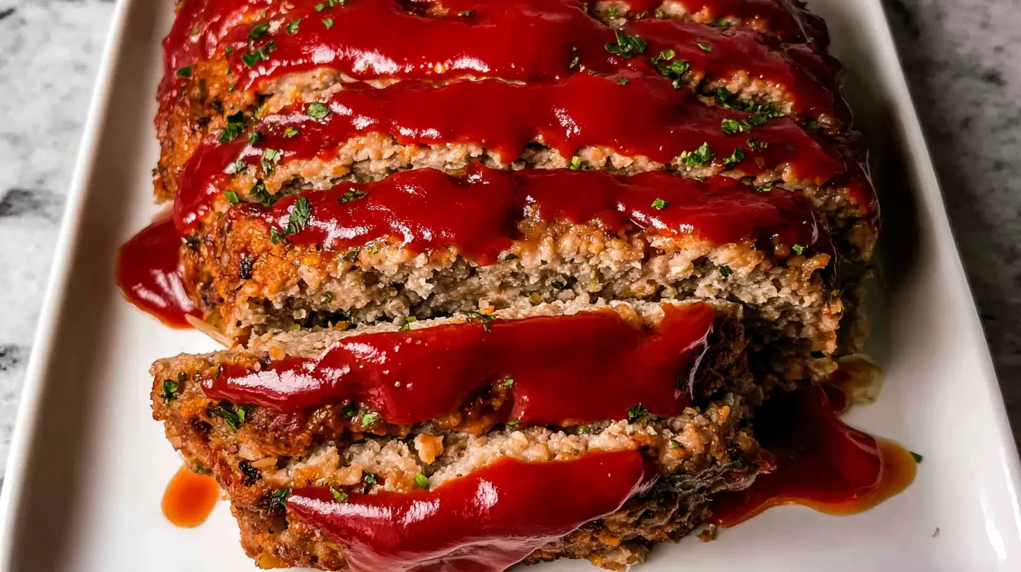 A full comfort food meatloaf dinner with mashed potatoes and green beans on a white plate.