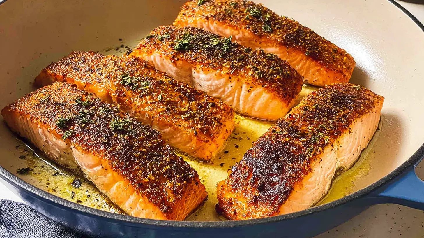 A perfectly cooked crispy pan seared salmon fillet with golden skin