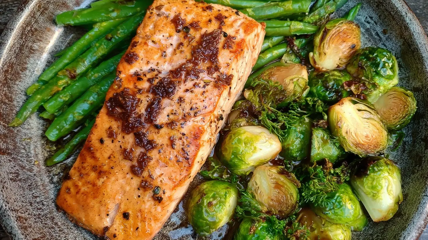 Delicious 20-minute easy salmon dinner with roasted vegetables on a white plate.
