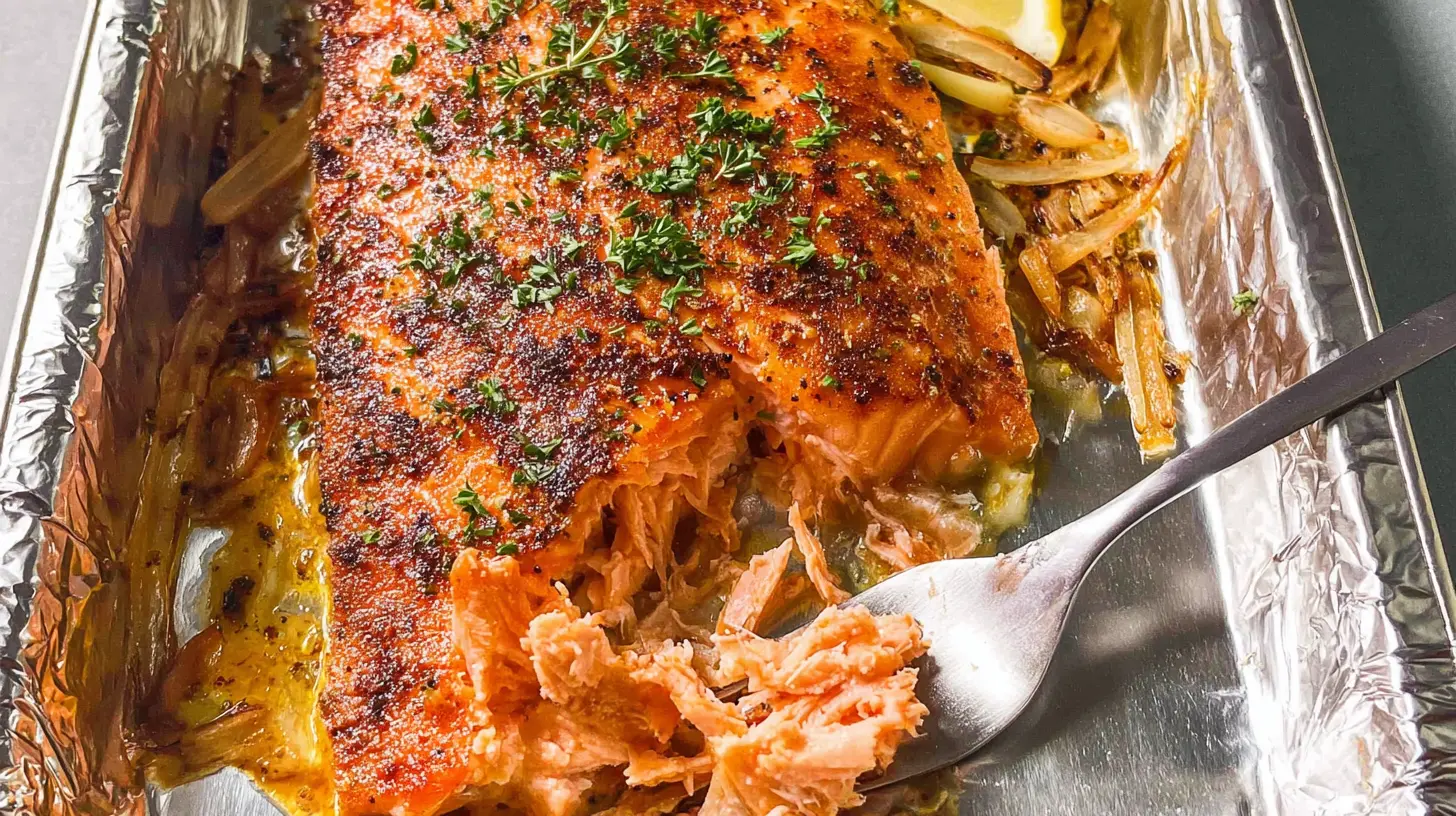 Deliciously prepared oven baked salmon, glistening with juices