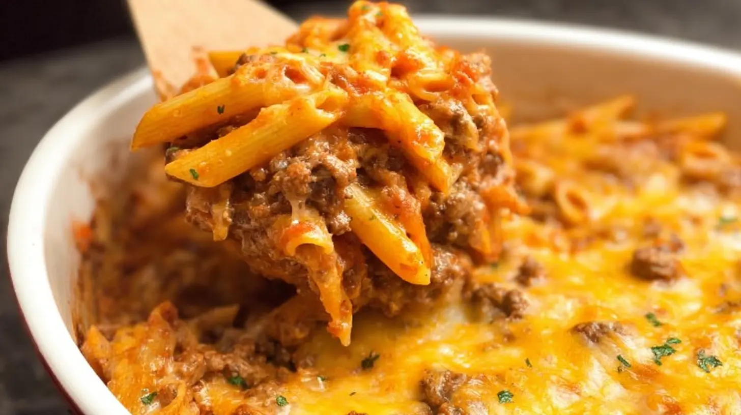 Closeup of a delicious, cheesy Lazy Night Ground Beef Casserole ready to serve.