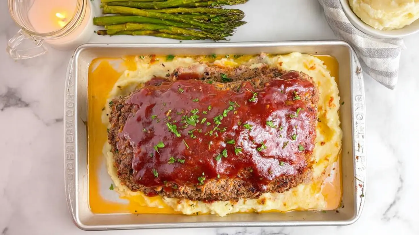 Golden-brown comfort meatloaf on a serving dish, perfect for weeknights.