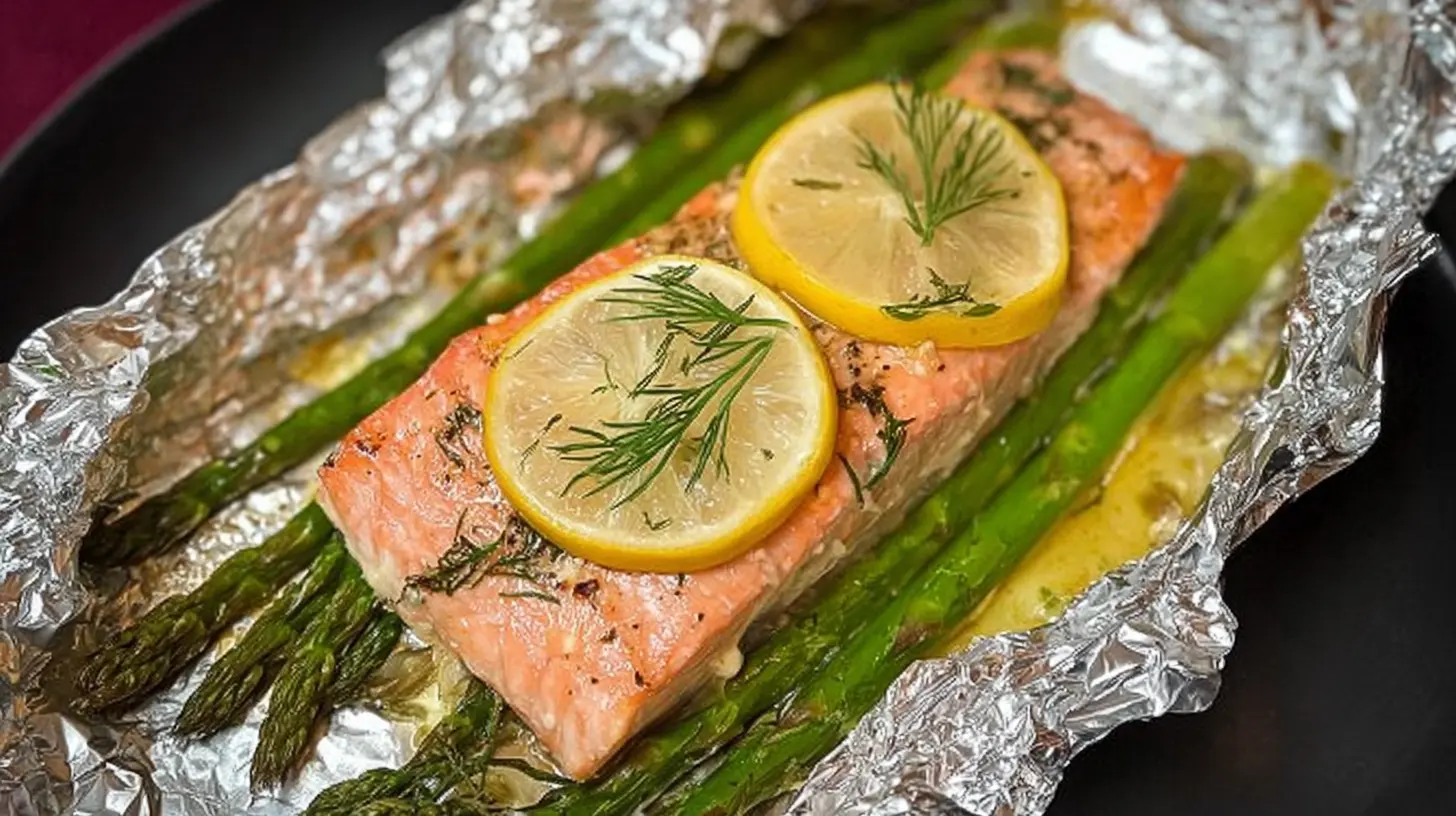 A serving of easy foil baked salmon, perfectly cooked and glistening.